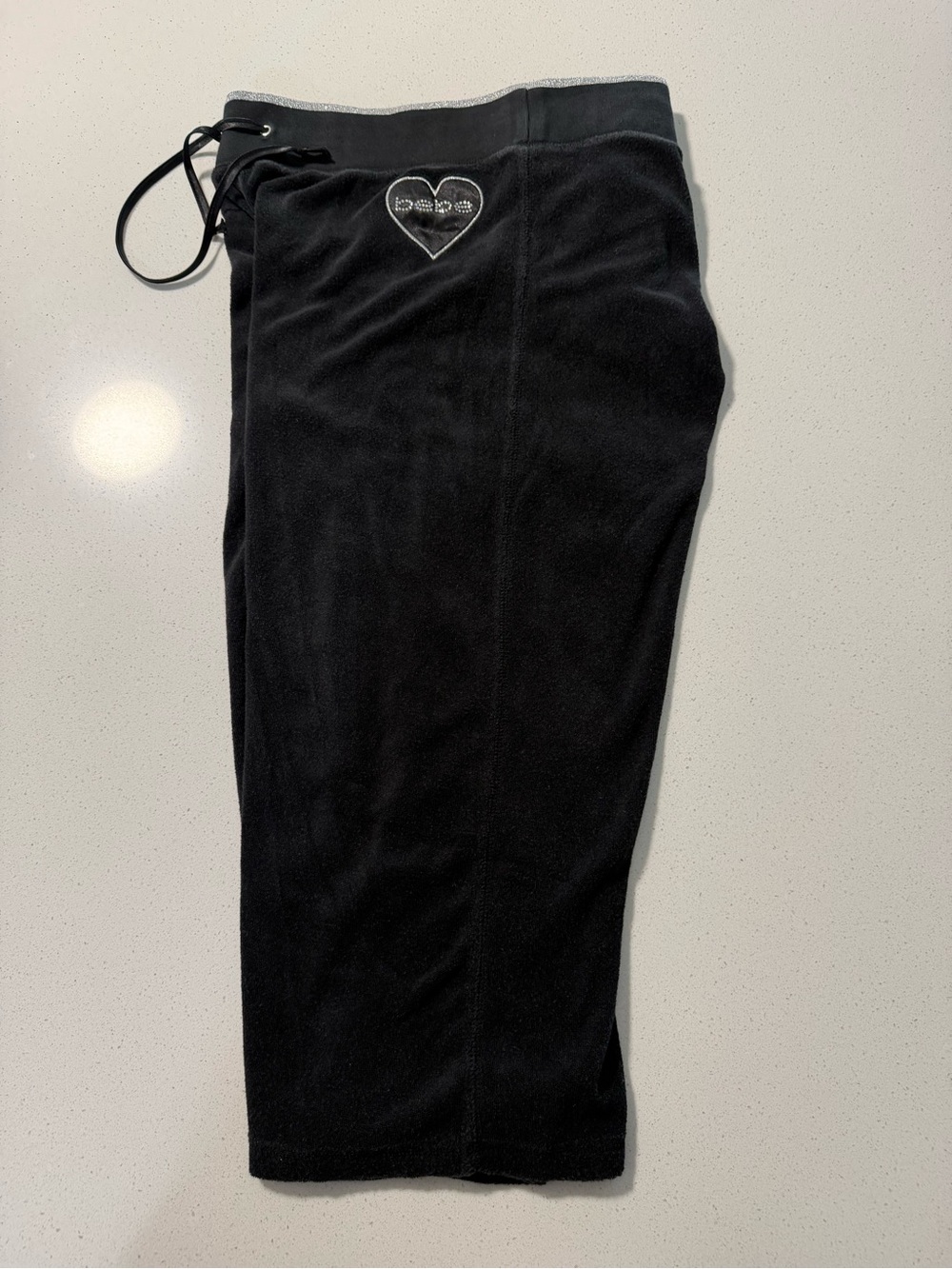 bebe Black Velour Heart Logo Capri Pants with Rhinestones